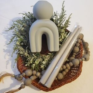 3pc Modern Art Deco Greige Ceramic Arch Candle Holder & Taper Candle Stick Set